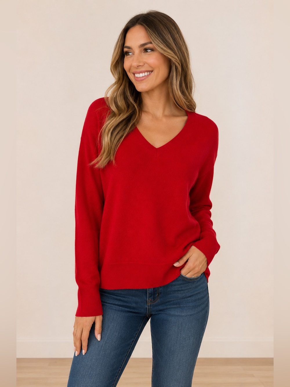 Talbots Women's Cashmere Red V-Neck Long Sleeve Sweater size large